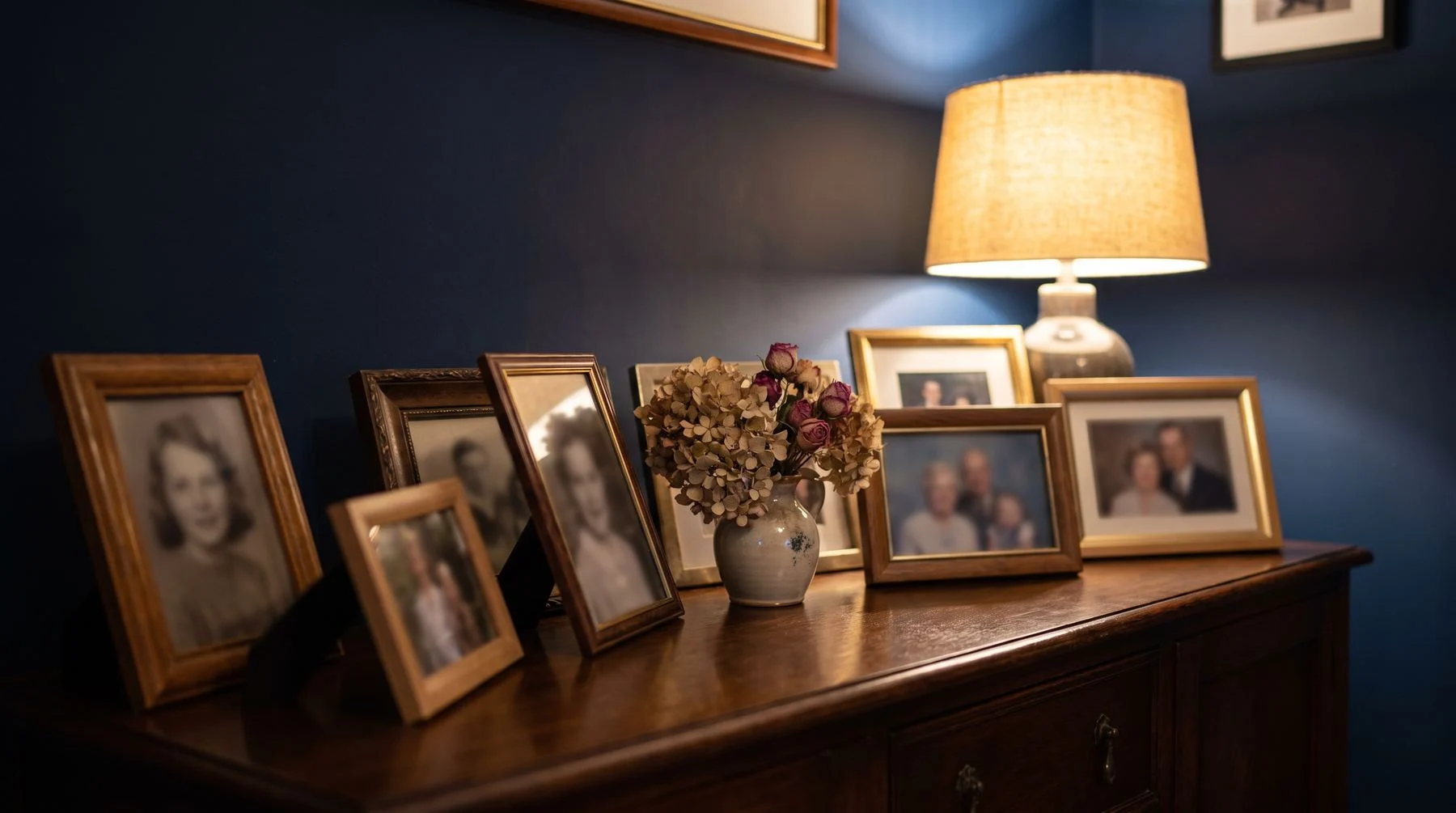 Framed family photographs on a sideboard in warm lamplight