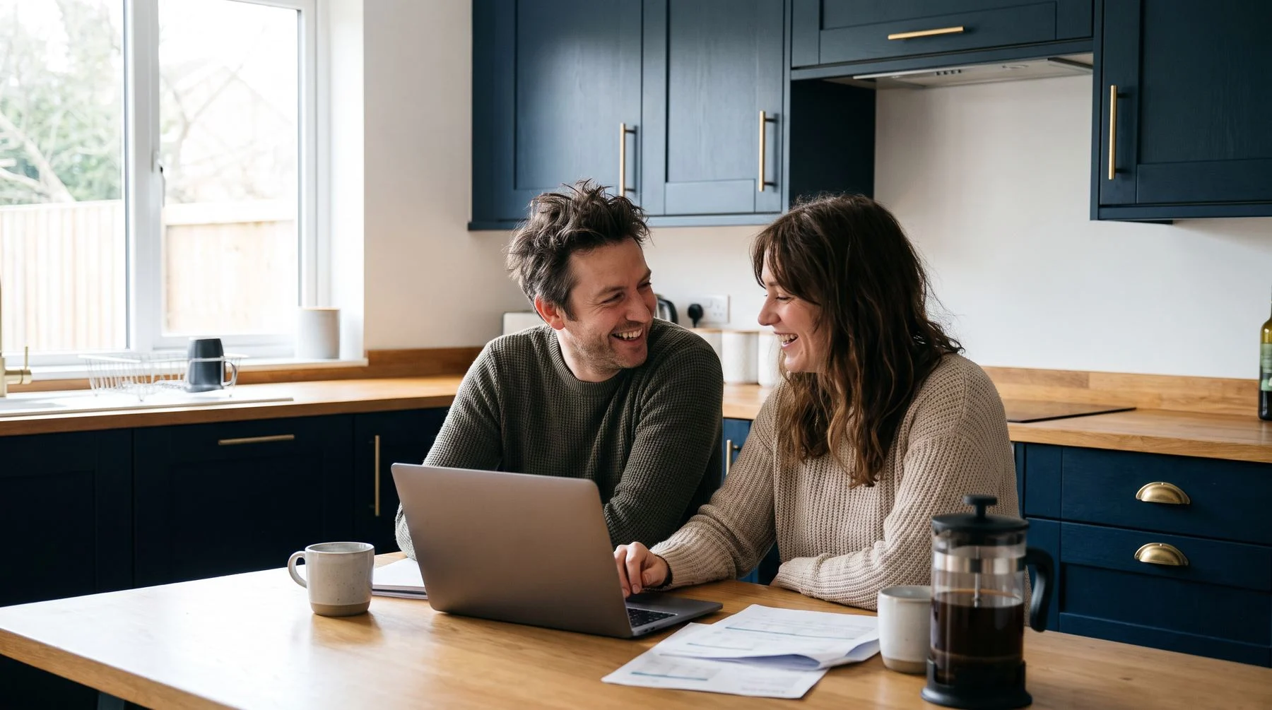 A couple smiling as they review their paperwork together at the kitchen table