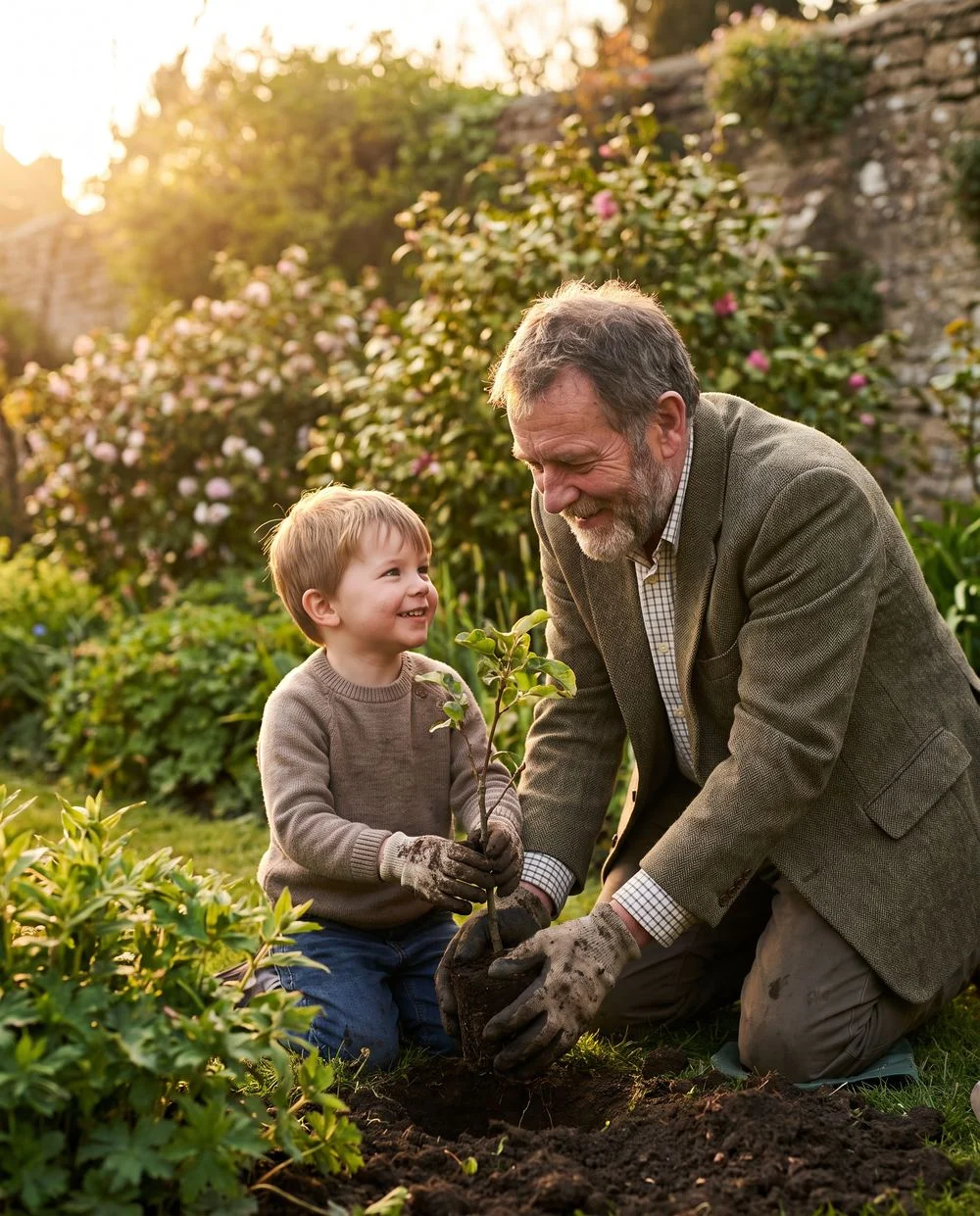 A grandfather and grandchild planting a young tree together in the garden