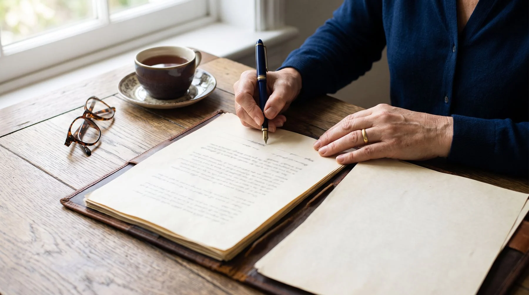 A person signing their will with a fountain pen at an oak desk